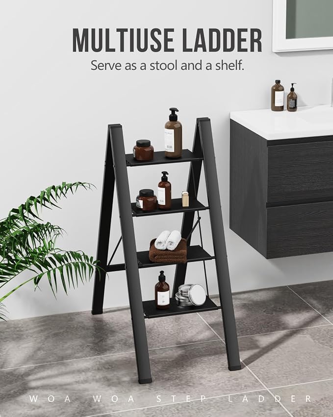 4 Step Foldable Step Stool, 300lbs Load, Black | Folded 43''H x 2''T; Net 9.9 lbs; Non-Slip Feet: Wood/Tile/Carpet; Rigid Aluminum Steps; No Assembly; Ready From Box.