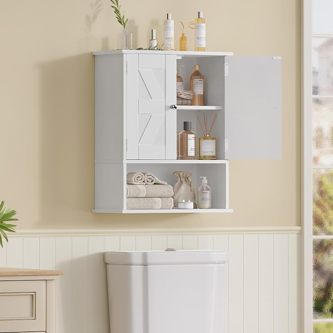 Bathroom Wall Cabinet, Over The Toilet Space Saver Storage with Barn Doors & Adjustable Shelf, Hanging Medicine Cabinet, White 7.1" D x 15.4" W x 19.3" H
