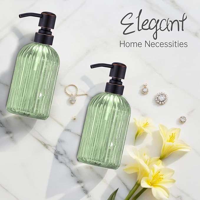 16Oz Green Glass Soap Dispenser with Rust Proof Bronze Stainless Steel Pump, Green Countertop Refillable Liquid Lotion Dispensers with Stainless Steel Pump, Oil Rubbed Bronze Soap Dispenser