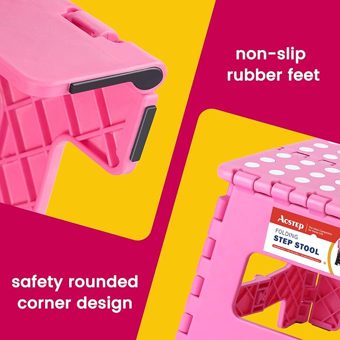 9" Folding Step Stool for Kids, Holds 300 lb Foldable Stools, Pink | Heavy Duty Collapsible Foot Stools, Lightweight, Non-Slip, for Toddler/Adults Kitchen Bathroom Bedroom Outdoor, with Handle