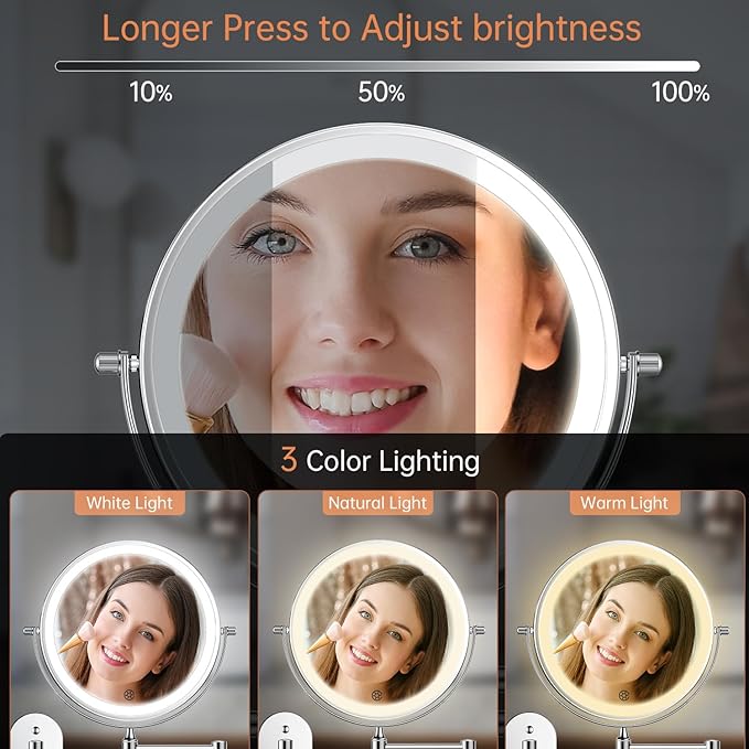 FUNTOUCH 5000mAh Rechargeable Wall Mounted Lighted Makeup Mirror 1X30X | Double Sided 1X 30X Magnifying, 3 Color Lighting, Touch Screen Dimming, Extended Arm 360 Rotation Shaving Bathroom Mirror