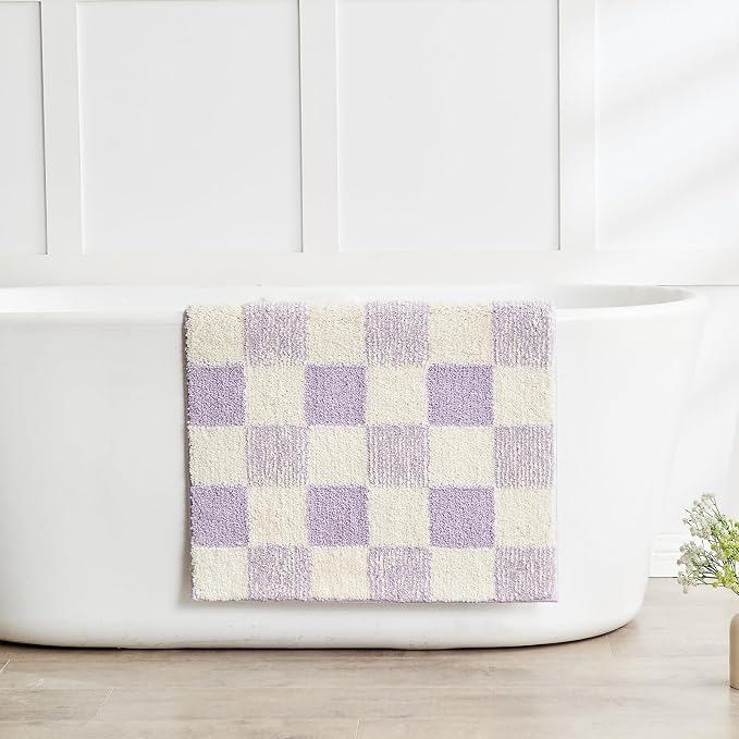 CozeCube Lavender Checkered Bath Mat 47"x24" Non Slip Washable Rug | For Bathroom Non Slip, Fluffy Absorbent Microfiber Bath Mats Machine Wash, Stylish Long Aesthetic Bathroom Rugs