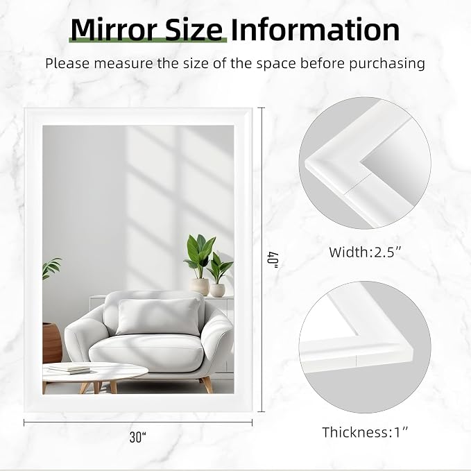 Tanmicoshomy White Rectangle Bathroom Wall Mirror 30x40 Inch | Tempered Glass, 4 Pre-Installed D-Ring Hooks, Vertical/Horizontal Wall Mount for Bedroom Living Room