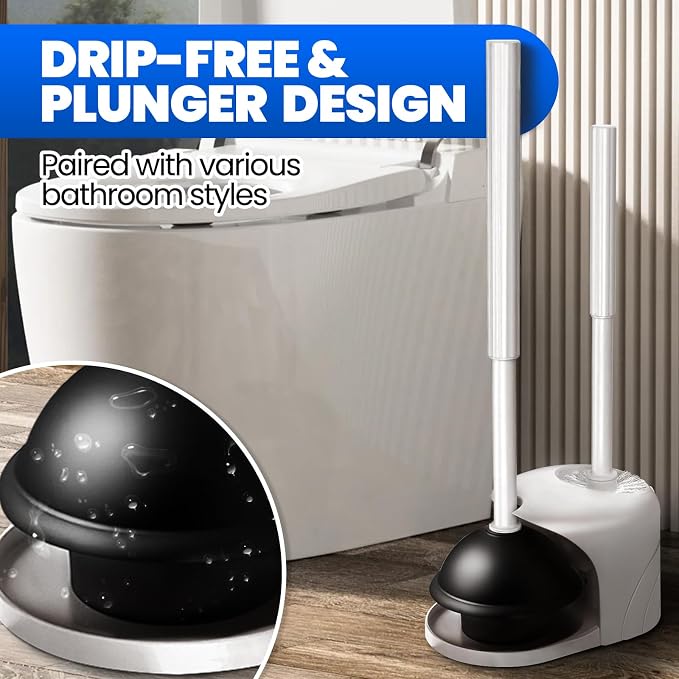 4in1 Toilet Plunger and Brush Set - Home Bathroom Cleaning Tools | 21", Groove Gap Brush, Cleaning Gloves, Heavy Duty Toilet Bowl Cleaner, Apartment Must Haves Bathroom Decor, Light Grey