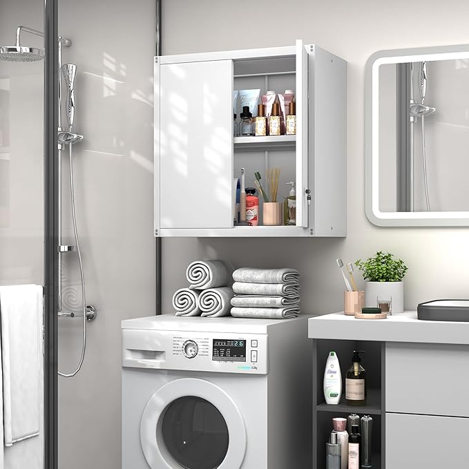 GREATMEET Locking Metal Wall Cabinet, Metal Storage Cabinet with 2 Shelves, Wall Mount Cabinet with Lock, Floating Garage Cabinets with Adjustable Shelf