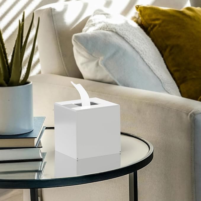 Acrylic Tissue Box Cover Decorative Square Tissue Holder Napkin Dispensert for Bathroom-White | Bottom Magnet Closure Home Office Restaurant Vanity Desk TableTop