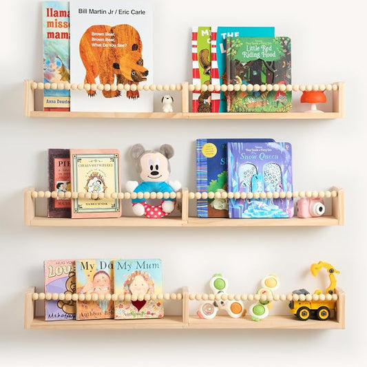 32 Inch Floating Shelf with Wooden Bead Design - Solid Pine Wall Mounted Bookshelf, Child-Safe Nursery Storage for Kids Room Decor, Set of 3(Pre-Strung Bead Strings)