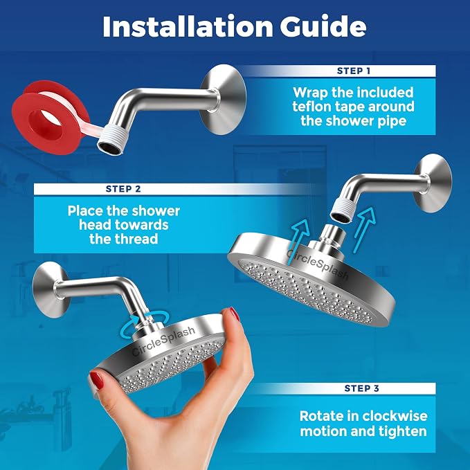 High Pressure Shower Head by Circle Splash -6 inch Chrome fixture-luxury rainfall -detachable water restrictor-tool-free installation with teflon tape