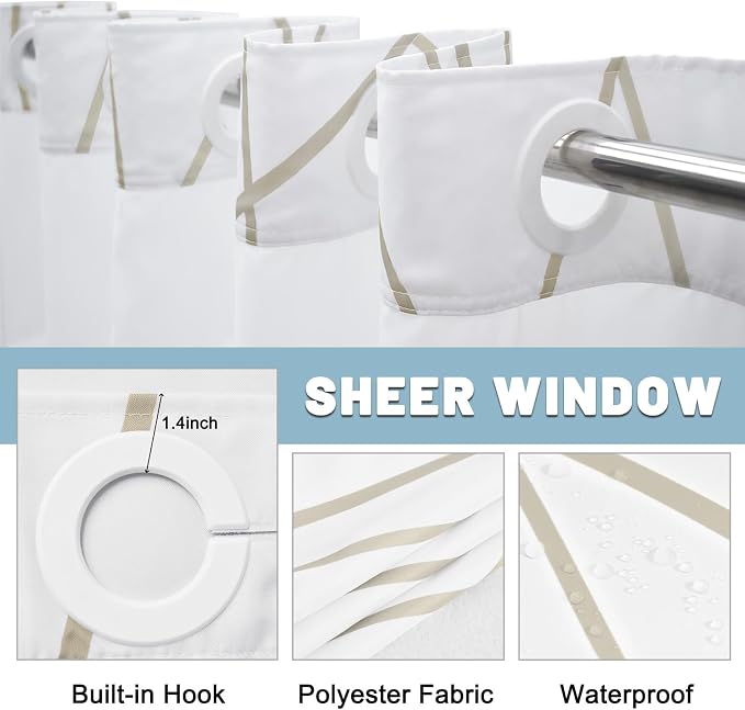 Beige Khaki No Hook Shower Curtain with Liner, 71 x 80 Inch | Stripe Pattern,Waterproof,Quick Dry,Mesh Top Window,Bottom Magnets,Hotel Style,Machine Washable,Modern,for Bathroom