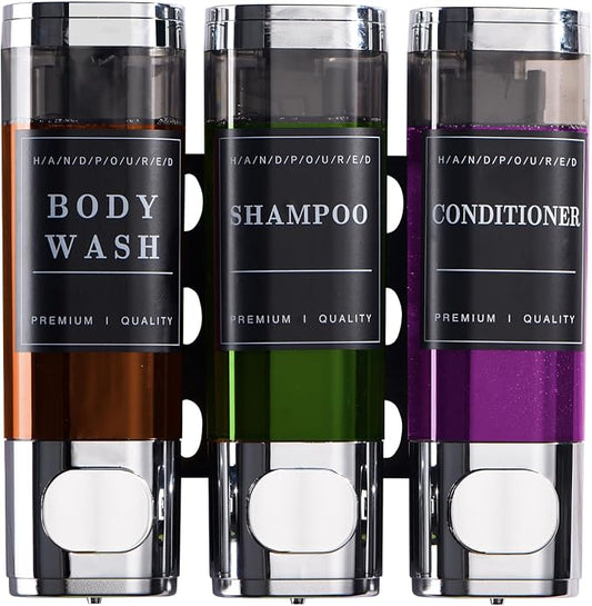 Shower Soap Dispenser Wall Mounted No Drill Shampoo Dispenser for Shower Wall Shampoo and Conditioner Dispenser Bathroom Hotel 3 * 300ml Chrome Self