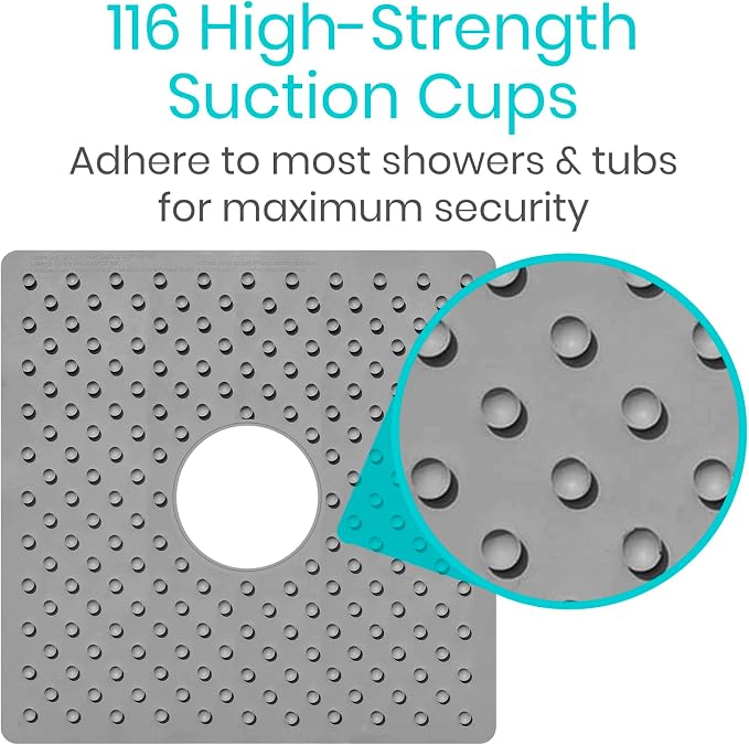 Vive Shower Mat - 22" by 22" Square Non Slip Large Bath Mat for Bathtub - Patented Design - Suction Cup Traction Skid Pad for Stalls Floors Tub - Textured Rubber with Drain Hole | Patented Design - Suction Cup Traction Skid Pad for Stalls Floors Tub - ...