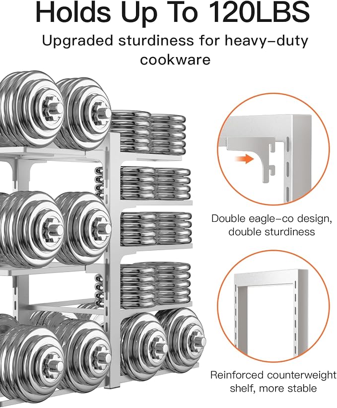 Pots and Pans Organizer Under Cabinet 15.8" 8-Tier Adjustable Silver | 2 DIY Modes, Tool-Free Assembly, Max 120 Lbs, Fits Cast Iron Pans, Dutch Ovens & Heavy Cookware, For Kitchen Cabinets