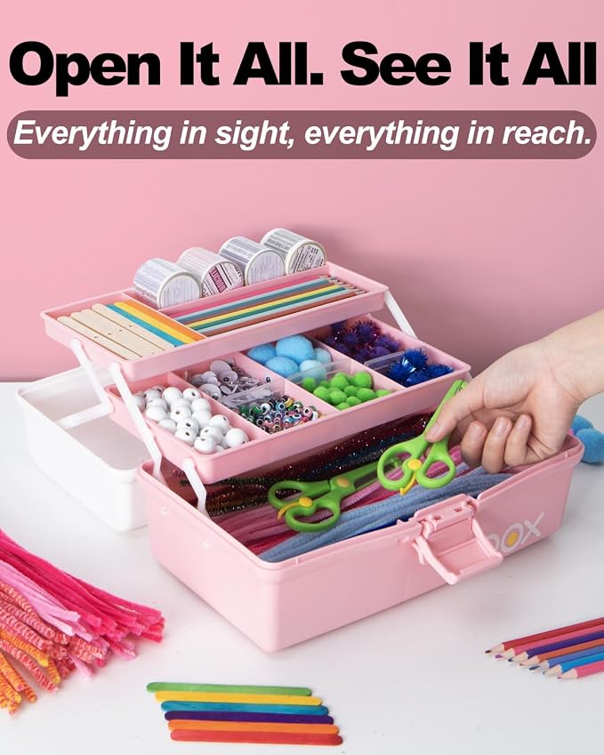 TERGOO 12in 3-Layer Plastic Craft Organizers and Storage, Portable Folding Tackle Box with Handle & Adjustable Dividers, Multipurpose Case for Sewing, Art Supplies, Medicine, Tools (White Pink)