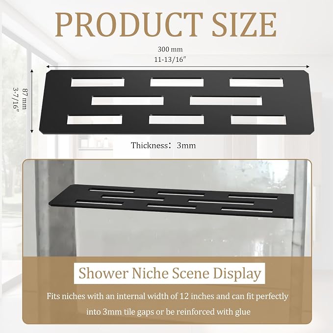 12 Inch Shower Niche Shelf Powder Coated 316 Stainless Steel Tile Insert | Rectangular Shelf for 12 Inch Tile Prefabricated Niches, Fits 1/8 Inch Grout Lines, Shower Niche Insert Powder Coated Finish