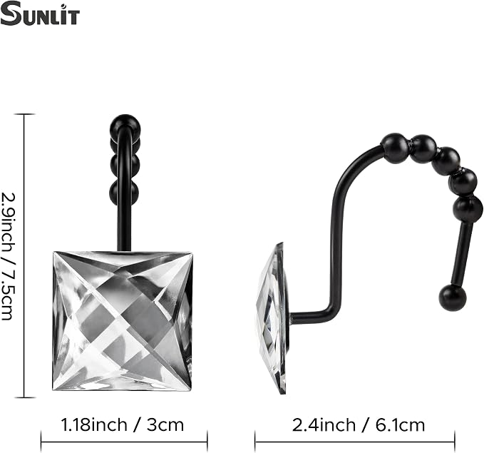 Sunlit Luxury Design Square Clear Diamond Crystal Gem Bling with Glide Balls Shower Curtain Hooks, Rust Proof Metal Rhinestones Glam Shower Curtain Rings with Black Hooks, Set of 12