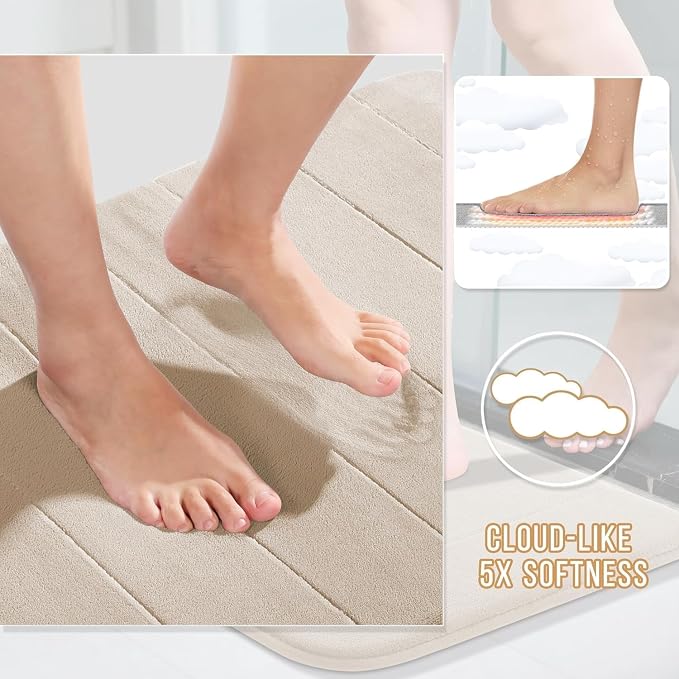 Yimobra Memory Foam Bath Mat Set 3 Pieces- Super Soft Absorbent Quick Dry Bathroom Rug Sets, Machine Washable Non Slip Floor Carpet for Tub Shower, Vanity & Toilet Base, Beige