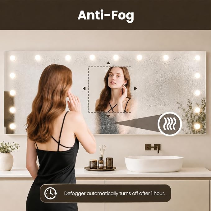 WTTY 96"x36" Hollywood Vanity Mirror with Lights | Wall Mounted Makeup Mirror, 3 Color Temperatures, Stepless Dimmable Bulbs, Anti-fog, Tempered Glass, Shadow-free