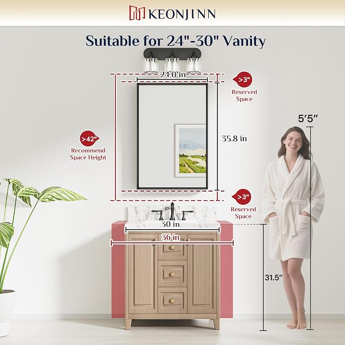Keonjinn 24" x 36" Black Bathroom Mirrors for Wall, Anti Rust Metal Frame | Rectangular Mirrors for Bathroom Sink, Black Bathroom Vanity Mirror, Square Corner, Safety Tempered Glass, Farmhouse Style