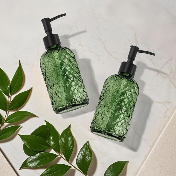 2 Pack Gem Glass Soap Dispenser with Black Plastic Pump, 13oz Liquid Hand Soap Dispenser, Rustproof Pump for Kitchen & Bathroom, Great for Lotions, Essential Oil, Liquid Soaps-Army Green