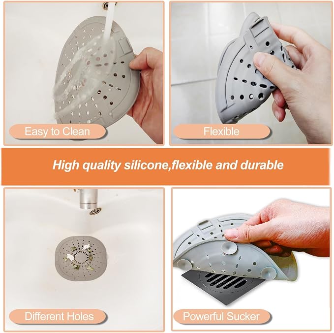 Bovinde Hair Drain Catcher Square for Shower 2 PCS (Traffic Black Grey) | Drainer Cover Silicone Hair Stopper with Suction Cups,Protector Accessories,Easy to Install Suit for Bathroom,Bathtub,Sink