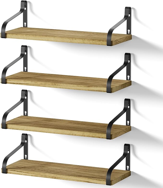 Love-KANKEI 15.7"Floating Wall Shelves Set of 4,Solid Wood,Carbonized Black | 3 Installation Methods,Easy to Install,44 Lbs/shelf,For Bedroom,Bathroom,Kitchen,Living Room,Office Nursery Display,Decor