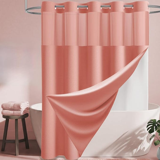 Coral Hook Free Waffle Shower Curtain & Snap-in Fabric Liner,72x75 | Less Time to install, 3 in 1 Fabric Shower Curtain and Liner Set with Magnets, Mesh Top Window, Shower Curtains for Bathroom