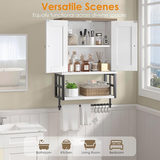 Bathroom Wall Cabinet, Farmhouse Medicine Storage with Towel Bar, White | 2 Doors, Adjustable Shelves & 5 Hooks. Space-Saving Wall Storage for Over Toilet, Laundry, Kitchen, Living Room