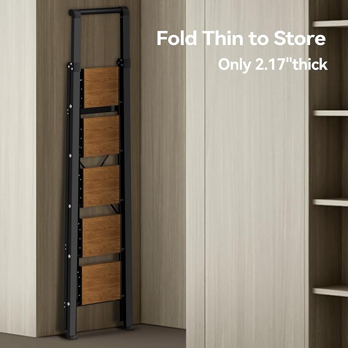 HillhutApex Aluminum 5 Step Ladder, Step Stool Foldable(Black Woodgrain) | Anti-Slip Pedals,330lbs Capacity,Lightweight Folding Ladders for Home,Office,Libaray