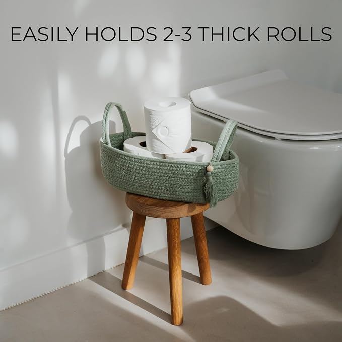 Decorative Toilet Paper Basket – Beautiful Bathroom Organizer for Toilet Tank Storage Decor – Boho Cotton Rope Bin with Tassel for Bathroom Accessories and as Shelf Decor (sage Green)