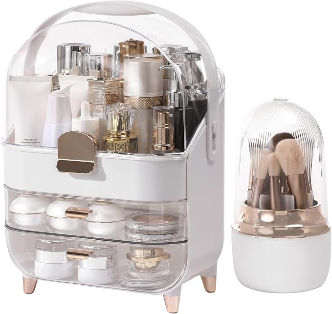 Makeup Organizer for Vanity with Brush Holder, Lid and 2 Drawers, Rose Gold | Large Capacity Bathroom Counter Organizer for Skincare, Cosmetic Storage, Dustproof, Waterproof, Teen Girl Gifts