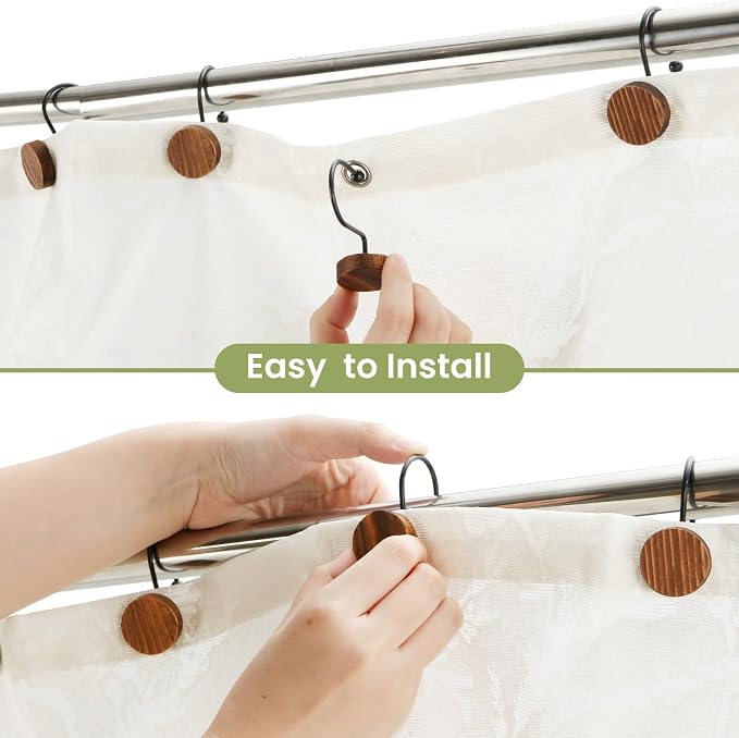 Wood Shower Curtain Hooks,Boho Shower Curtain Rings Decorative,Free Sliding Shower Hooks for Shower Curtain & Liners, Shower Curtain Hangers for Bathroom Shower Curtain Rods Curtains(Brown, 24)