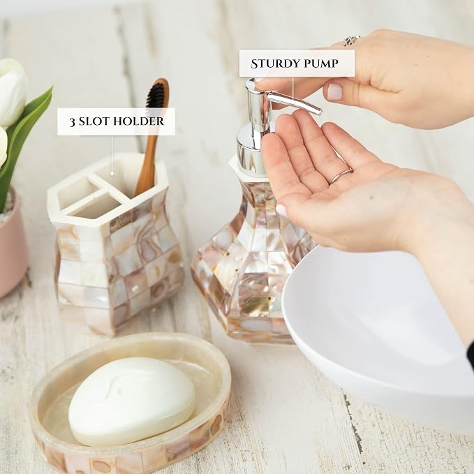 Milano Bathroom Toothbrush Holder - Decorative Bathroom Toothbrush Organizer Finished in Beautiful Mother of Pearl, 3 Slot Toothbrush Holder for Bathroom Fits Multiple Brushes