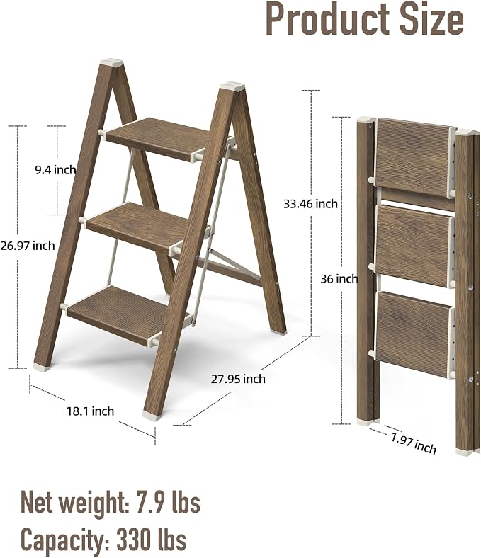 Mayi Plus 3 Step Stool Foldable, Aluminum, Lightweight Step Ladder | Extra-wide anti-slip folding steps with 330 lbs, for home,kitchen,office,outdoor,Cherry woodgrain