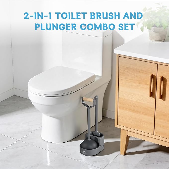 Toilet Brush and Plunger Set, Curved Head for Deep Cleaning, Grey | Brush and Plunger set, Curved Nylon Bristles for Deep Clean, Strong Suction Plunger, Ventilated Holder for Quickly Air Dry