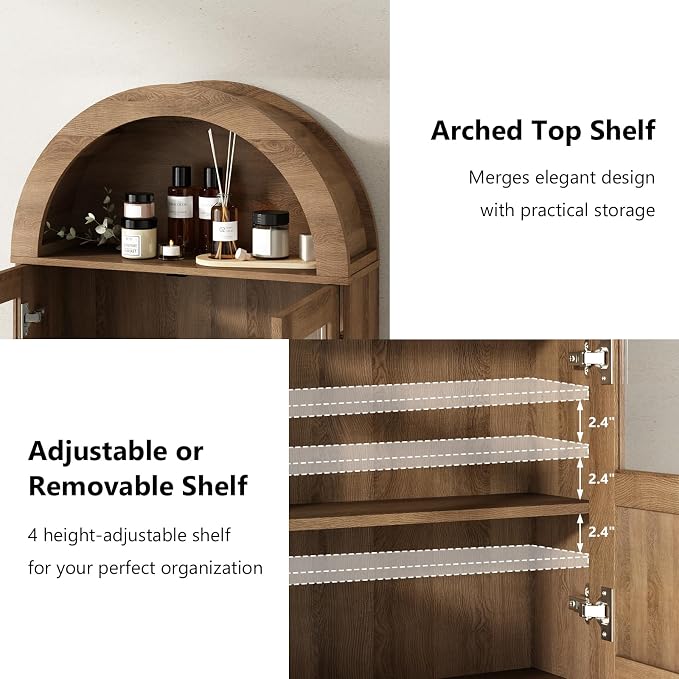 RUSTOWN Arched Bathroom Wall Cabinet with 2 Glass & Rattan Doors | Rattan Medicine Cabinet, Farmhouse Over the Toilet Storage Cabinet, Adjustable Shelves, 3-Tier Wall Mounted Cabinets