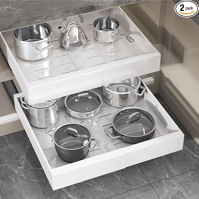 Seinloes 2 Pack Pull Out Cabinet Organizer 18" Deep,Full Extension 3 Slide Rails Slide Out Drawers With Raising Pad for Framed Cabinets,Expandable Width (12.3"-20.5"),No Drill Roll Out shelf,White