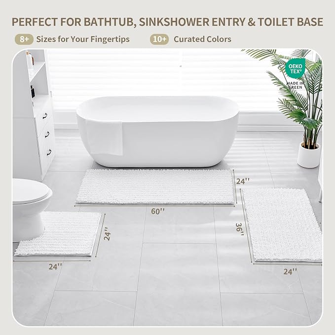Bathroom Rugs Non Slip Washable 60x24, Extra Thick Soft Chenille Absorbent Bath Mat, High Density Barrier Non Slip Backing, Quick Dry Plush Shaggy Floor Carpet for Tub&Shower, White