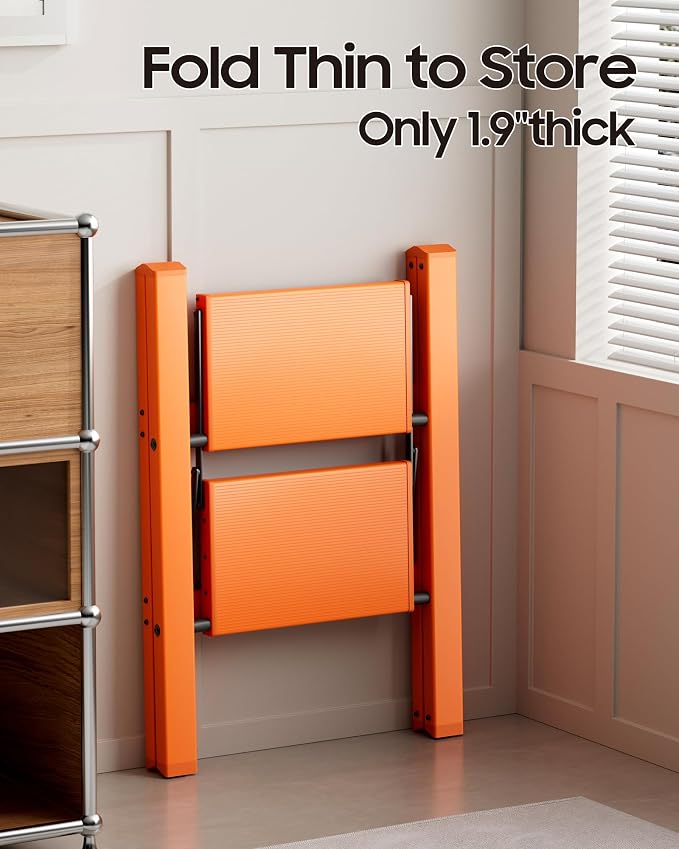 HillhutApex Aluminum Step Stool Foldable,2 Step Ladder (Orange) | Lightweight Portable step ladder with Anti-Slip Wide Pedal,330lbs Capacity Ladder for Household,Office,Kitchen