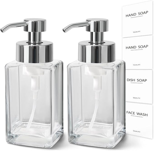 Foaming Soap Dispenser, 12oz/350ml Glass Hand Soap Dispenser Set, Refillable Foam Dispenser with Foaming Pump, Labels, Square Hand Dispenser for Bathroom, Kitchen 2 Pack