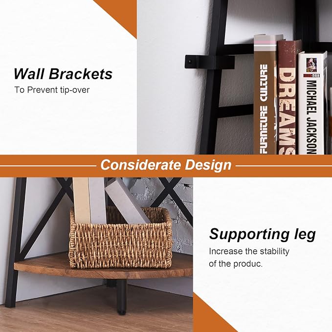 5 Tier Corner Shelf,72 Inch Tall Corner Bookshelf,Rustic Brown | Sturdy Corner shelf Standing,Industrial design,Easy assembly,Suitable for living room,Office,Corner Space