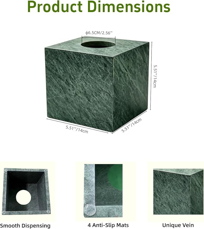Marble Tissue Box Holder Cover with Open Bottom for Bathroom | Square Cube Polished Surface Tissue Box Holder for Bedroom Dressers, Kitchen Countertop, Indian Green