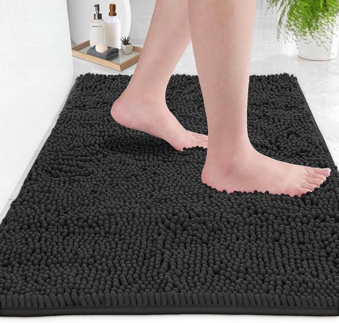Ultra Soft Texture Chenille Plush Bath Rugs Floor Mats, Bath Rug Non Slip Microfiber Door Mat for Kitchen/Entryway/Living Room (30 x 20 inches, Black)