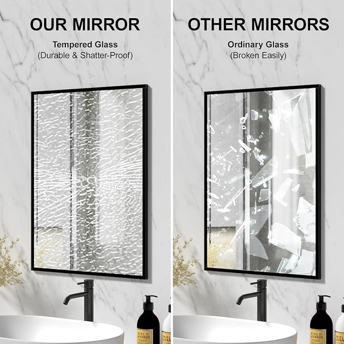 Rectangular Wall Mirror, Black Aluminum Frame, 18x24 Inches, Modern Style, Tempered Glass, Wall Mount for Bathroom Bedroom Living Room
