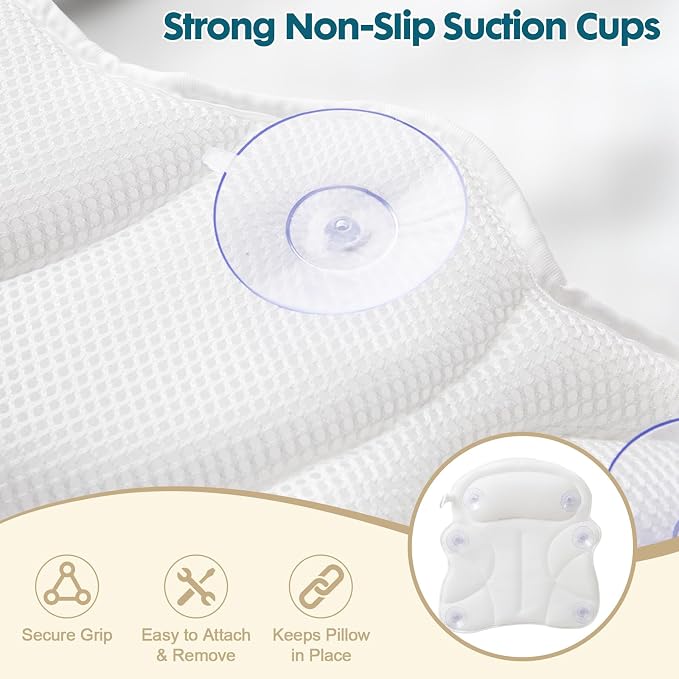 Small Bath Pillow – Bathtub Pillow with Head, Neck & Shoulder Support, Non-Slip Tub Pillow for Bathtub & Jacuzzi, Breathable Bath Tub Pillow with Wash Bag, Bath Accessories Gift for Women & Men
