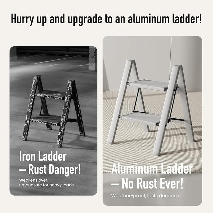 Mayi Plus 2 Step Stool Foldable, Aluminum, Lightweight Step Ladder | Extra-wide anti-slip folding steps with 330 lbs, for home,kitchen,office,outdoor,Grey