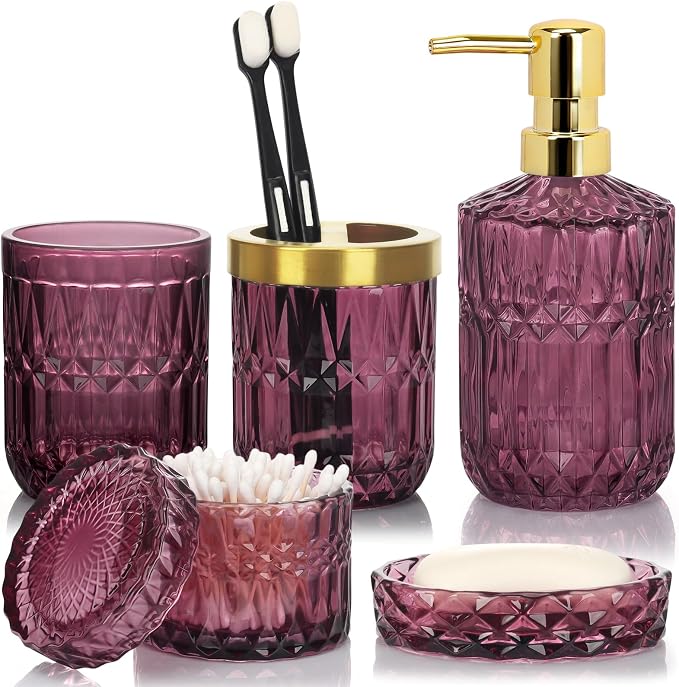 Bathroom Accessories Set, 5Pcs Bathroom Soap Dispenser Set, Glass Bathroom Accessories with Glass Soap Dispenser, Soap Dish, Toothbrush Holder, Tumbler, Cotton Swab Jar (Red)