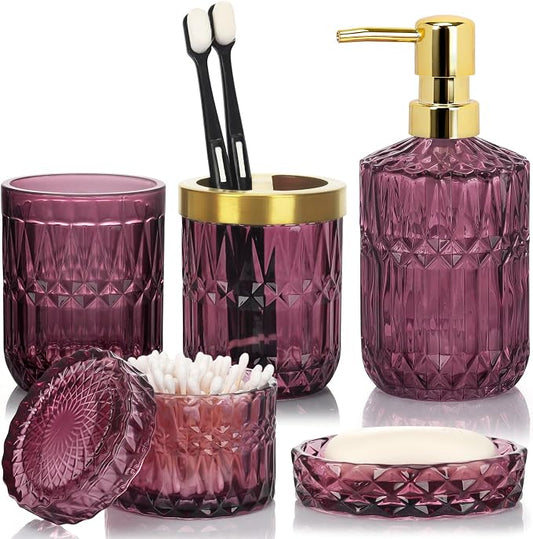 Bathroom Accessories Set, 5Pcs Bathroom Soap Dispenser Set, Glass Bathroom Accessories with Glass Soap Dispenser, Soap Dish, Toothbrush Holder, Tumbler, Cotton Swab Jar (Red)
