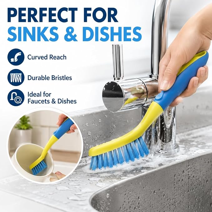 Scrub Brush Set for Bathroom Kitchen Bathtub Toilet Deep Cleaning Brush Tools All Purpose Cleaner Sponge Scrubbing Brushes with Ergonomic Handle, 4-Piece