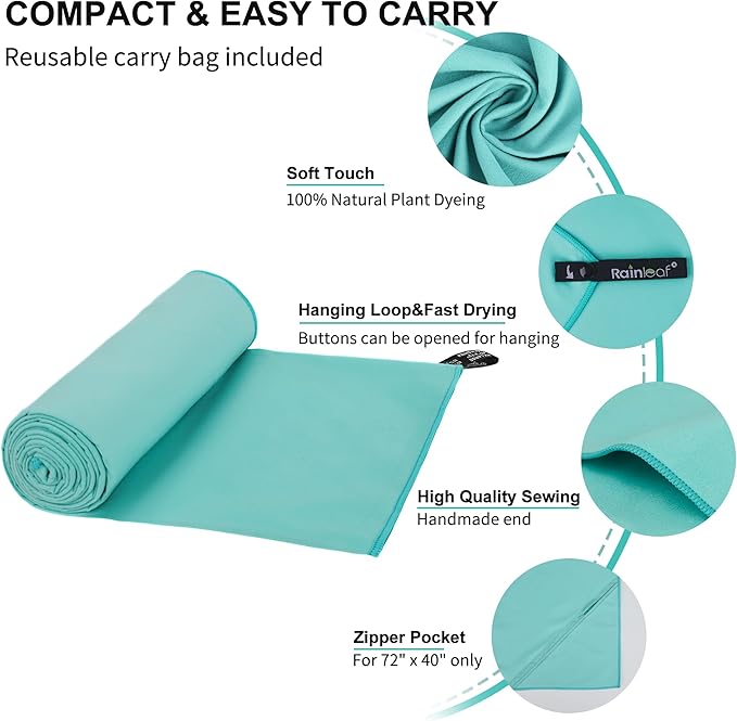 Rainleaf Microfiber Towel Quick Dry Camping & Travel & Gym Towel. Compact | Super Absorbent, Lightweight, Fast Drying. Suitable for Beach, Bath, Backpacking, Hiking, Swim.