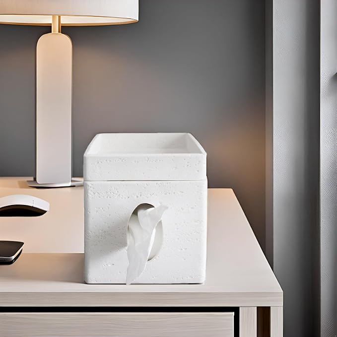 Hymmah Tray Tissue Box Cover Holder Unique Cube Design Tissue Dispenser Cover Decor for Vanity Counter Tops Also Great for Bedroom and Living Room White